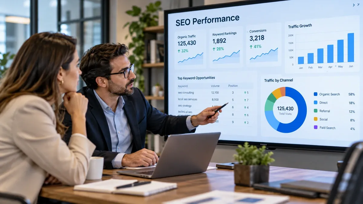 Reunião de consultoria de SEO com relatório na tela