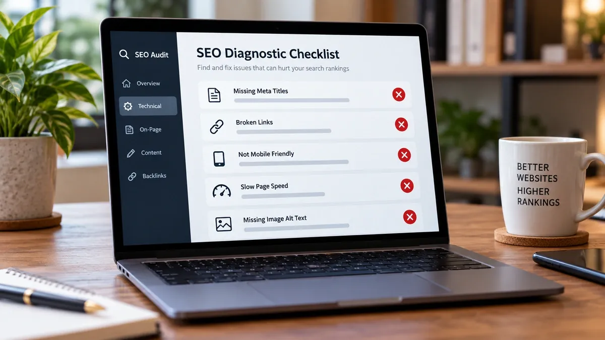 Lista de erros de SEO encontrados em um diagnóstico de site