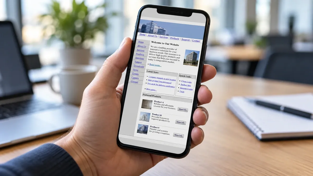 Site antigo aberto no celular com texto pequeno e botões desalinhados