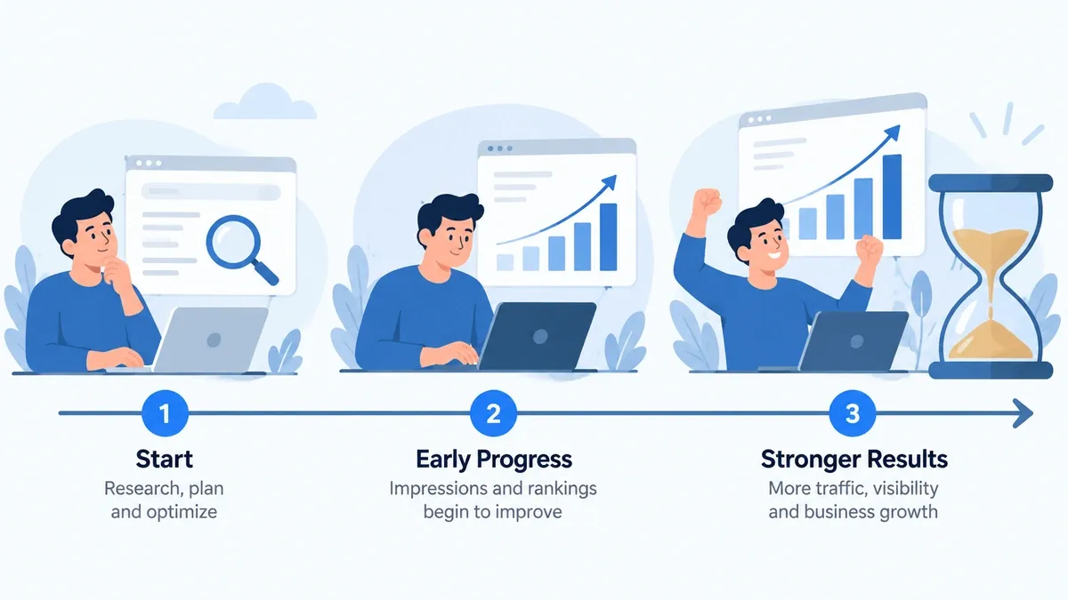 Linha do tempo do SEO com indexação, primeiros sinais e consolidação