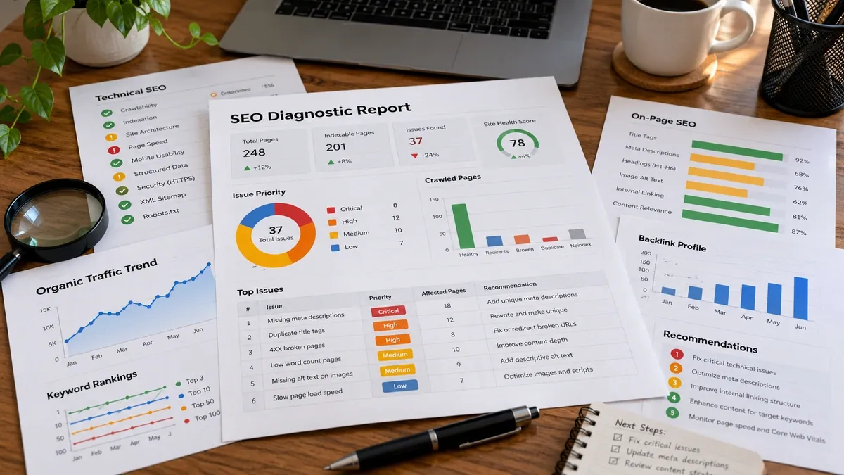 Páginas de um relatório de diagnóstico SEO com prioridades