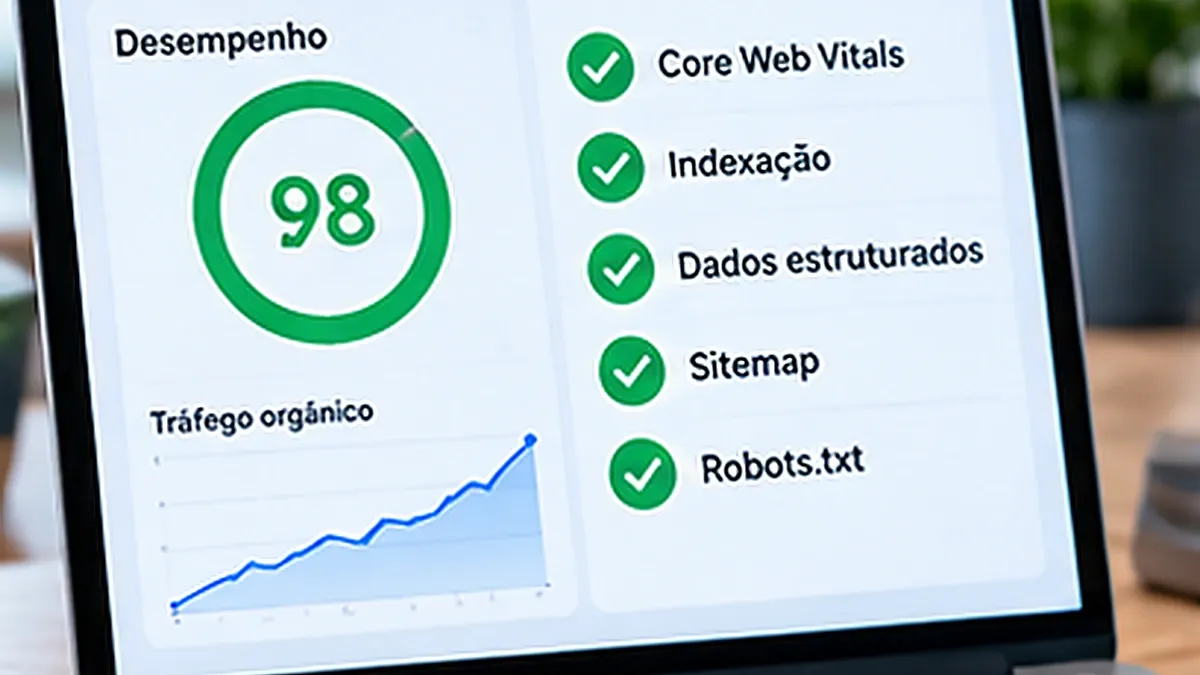 Relatório de SEO técnico com velocidade e indexação