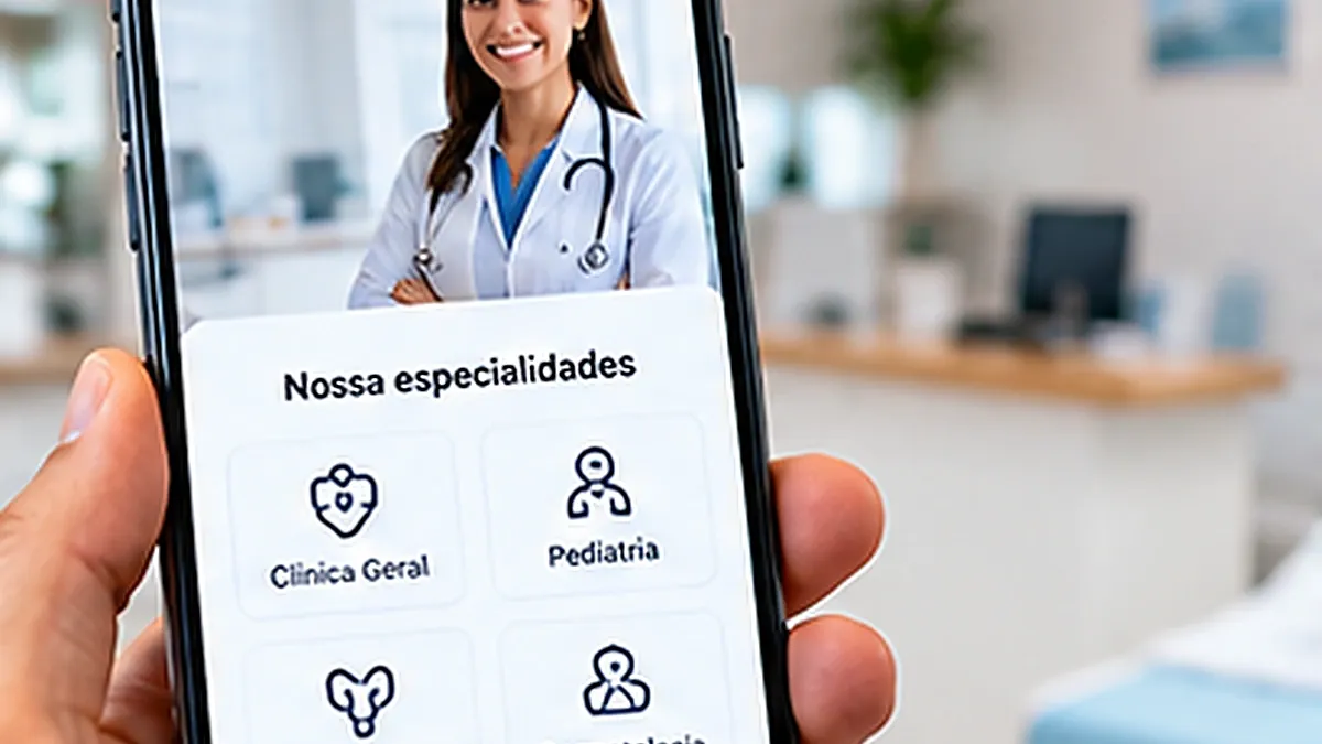 Site de clínica no celular com especialidades e botão de agendamento