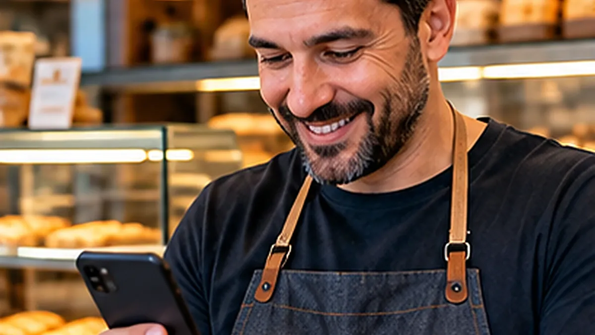 Dono de pequena empresa consultando o próprio site no celular