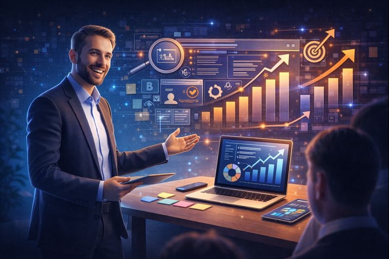 consultor de SEO mostrando métricas e evolução