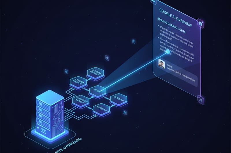 Diagrama mostrando a conexão entre um site otimizado tecnicamente e sua presença no Google AI Overviews