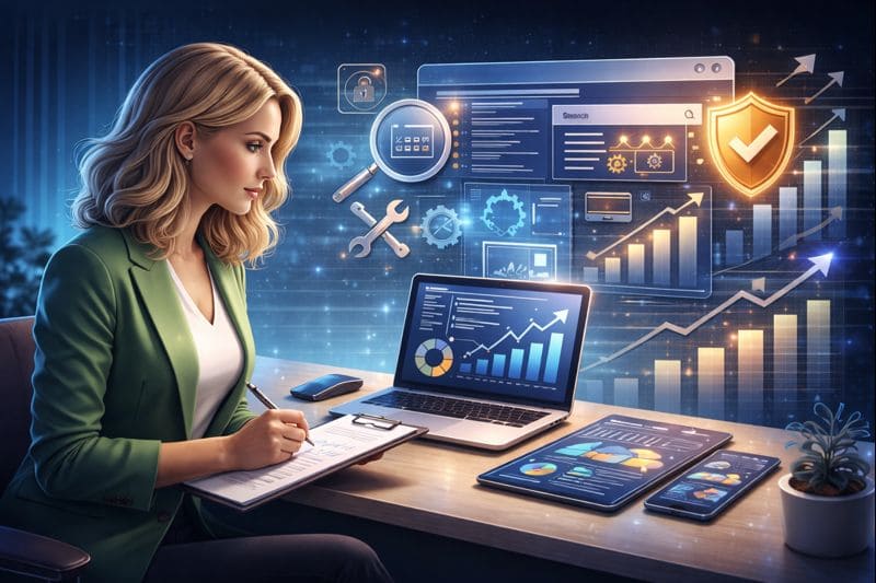 especialista em SEO avaliando site e palavras-chave