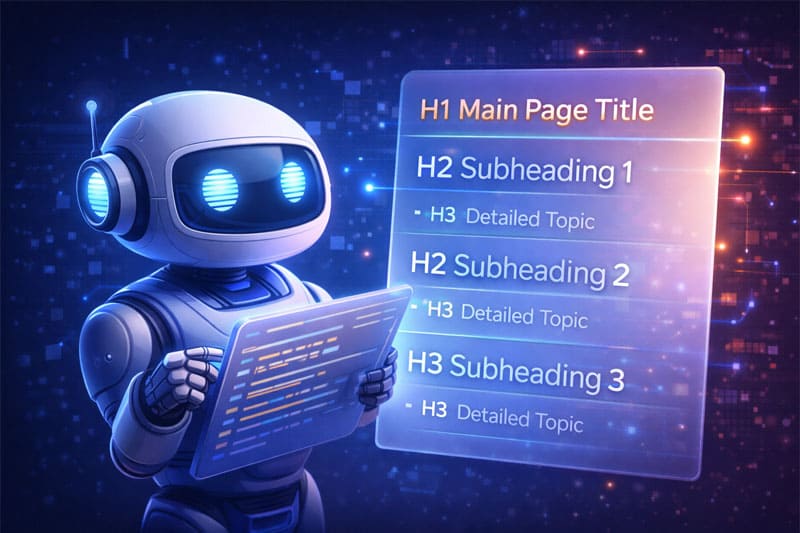 Ilustração de um robô de busca lendo uma estrutura de cabeçalhos H1, H2 e H3 de forma organizada Ilustração de um robô de busca lendo uma estrutura de cabeçalhos H1, H2 e H3 de forma organizada