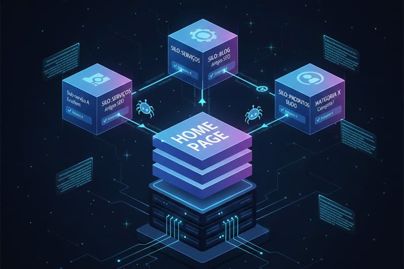 Representação visual de uma arquitetura de site organizada em silos, facilitando a navegação do usuário e do robô