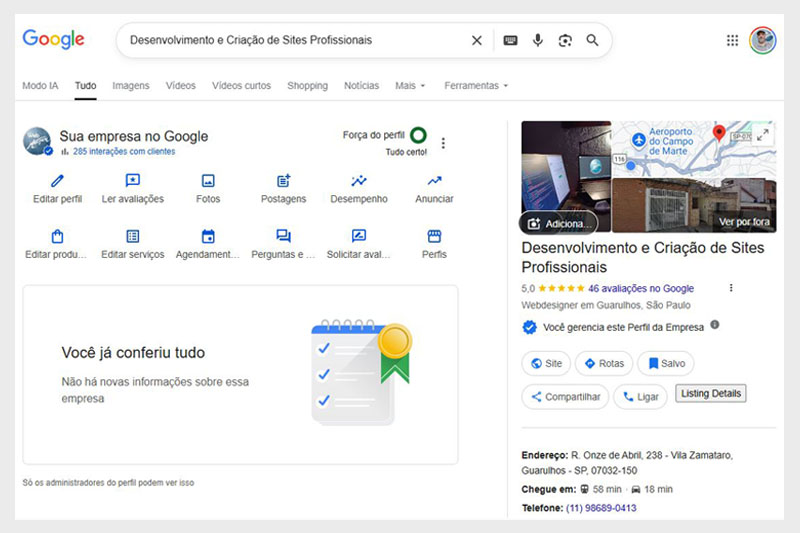 Painel Administrativo do Google meu Negócio