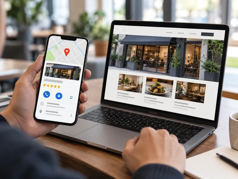 Perfil da Empresa no Google aberto no celular ao lado do site da mesma empresa